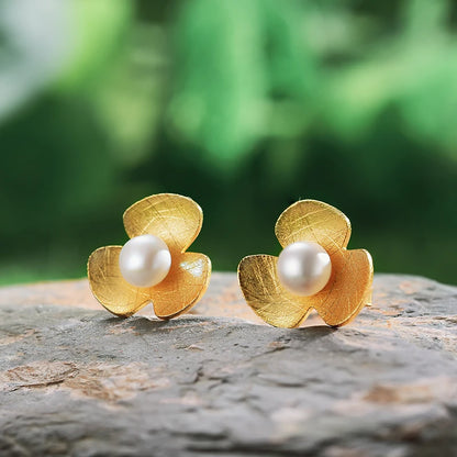 Sterling Silver Freshwater Pearl Clover Flower Stud Earrings