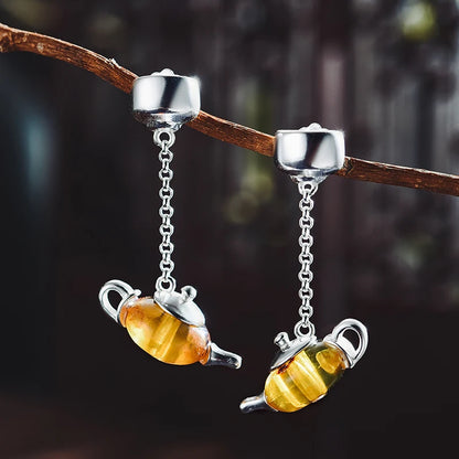 Sterling Silver Natural Amber Teapot Dangle Earrings