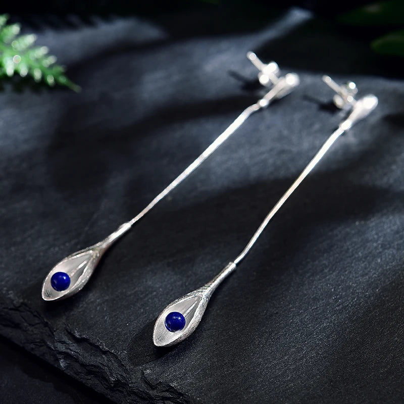 Lapis Lazuli Drop Flower Long Dangle Earrings