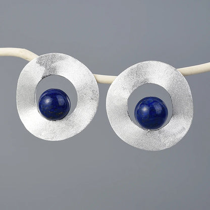 Sterling Silver Lapis Lazuli Minimalist Uneven Round Stud Earrings