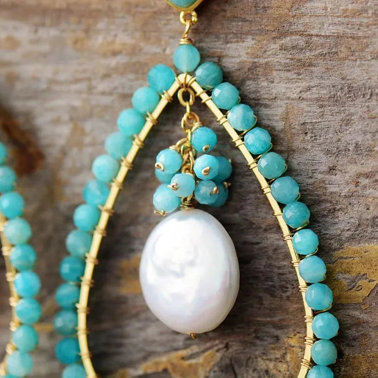 Hyperbole Teardrop Amazonite and Pearl Earrings