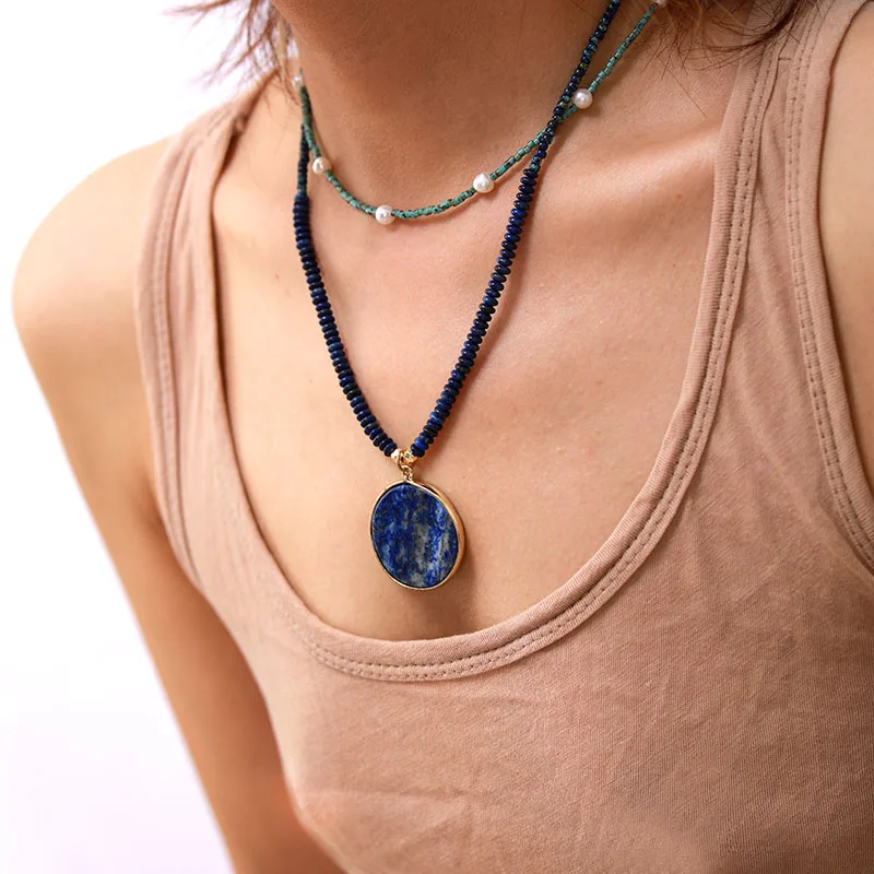 Boho Lapis Lazuli Pendant & Bead Necklace