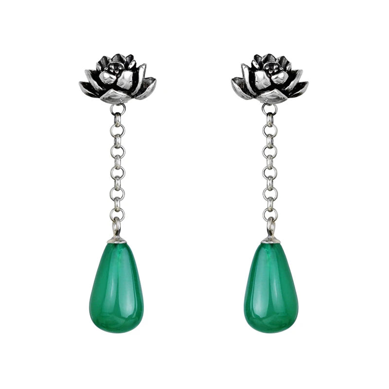 Sterling Silver Retro Water Drop Lotus Flower Dangle Earrings