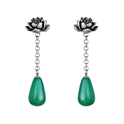 Sterling Silver Retro Water Drop Lotus Flower Dangle Earrings