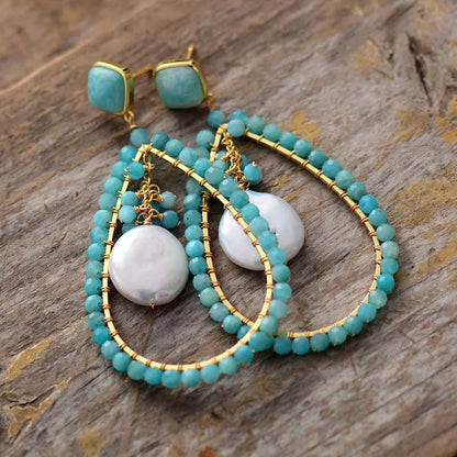 Hyperbole Teardrop Amazonite and Pearl Earrings