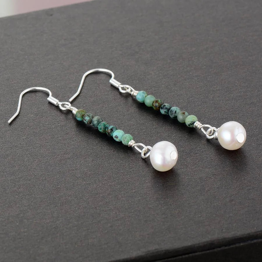 Boho African Turquoises and Pearls Long Dangle Earrings