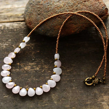 Boho Rose Quartz Teardrops Beaded Necklace