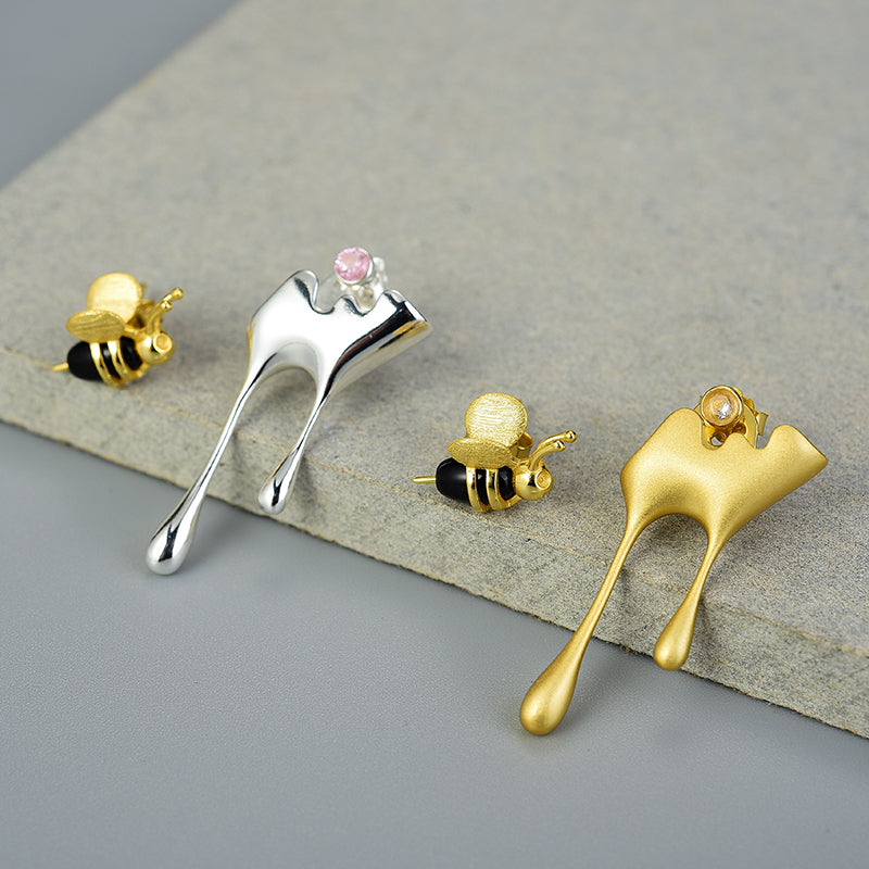 Bee and Dripping Honey Asymmetric Stud Earrings