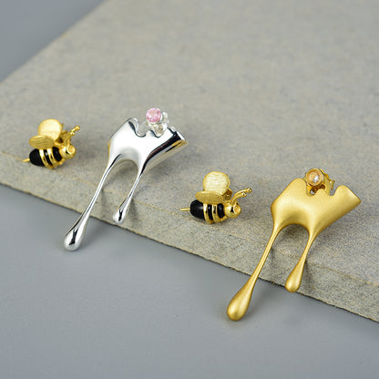 Sterling Silver Bee and Dripping Honey Asymmetric Stud Earrings