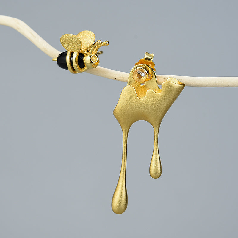 Bee and Dripping Honey Asymmetric Stud Earrings