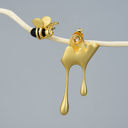 Sterling Silver Bee and Dripping Honey Asymmetric Stud Earrings