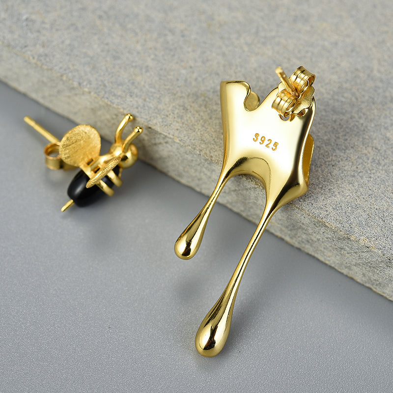 Bee and Dripping Honey Asymmetric Stud Earrings