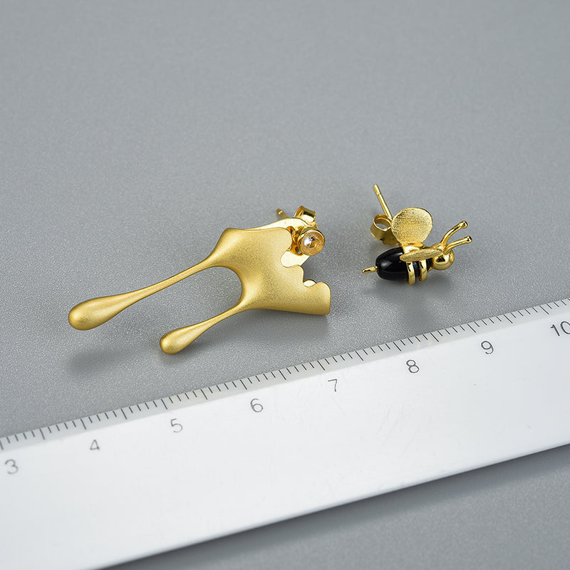 Bee and Dripping Honey Asymmetric Stud Earrings