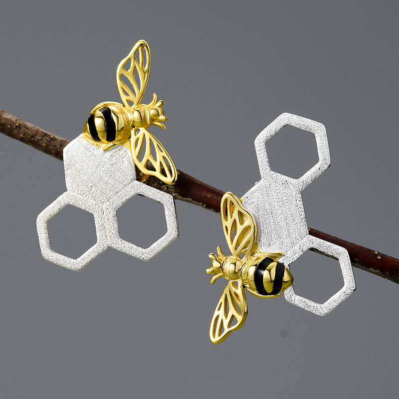 Unusual Asymmetrical Honeycomb and Bee Stud Earrings