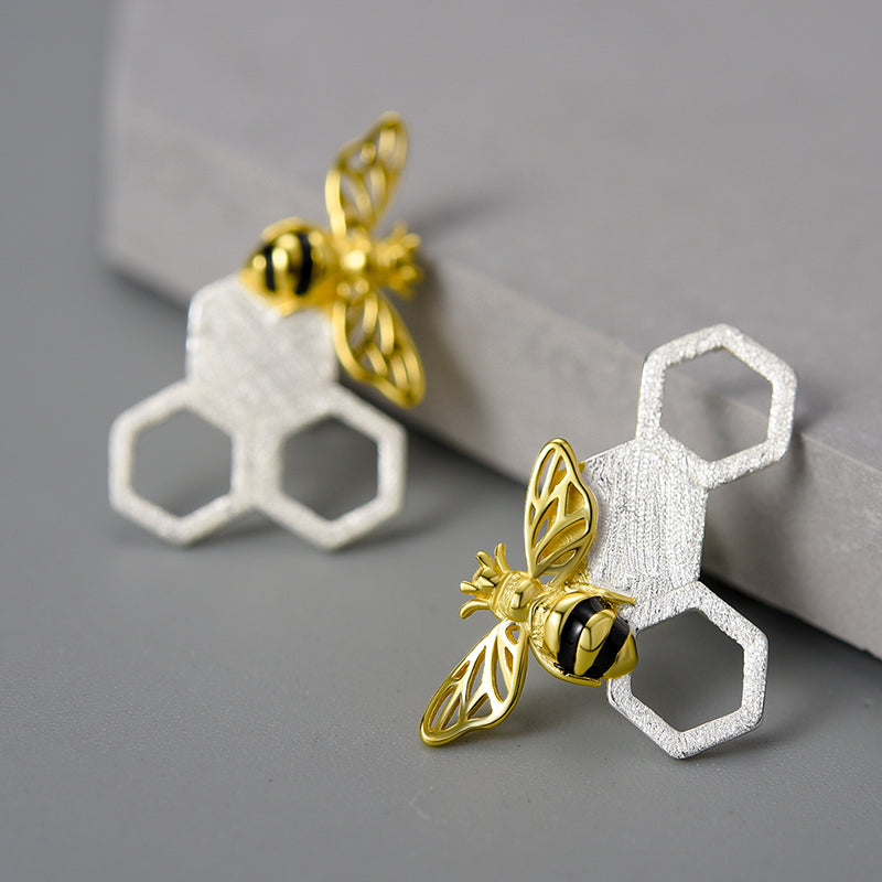 Unusual Asymmetrical Honeycomb and Bee Stud Earrings