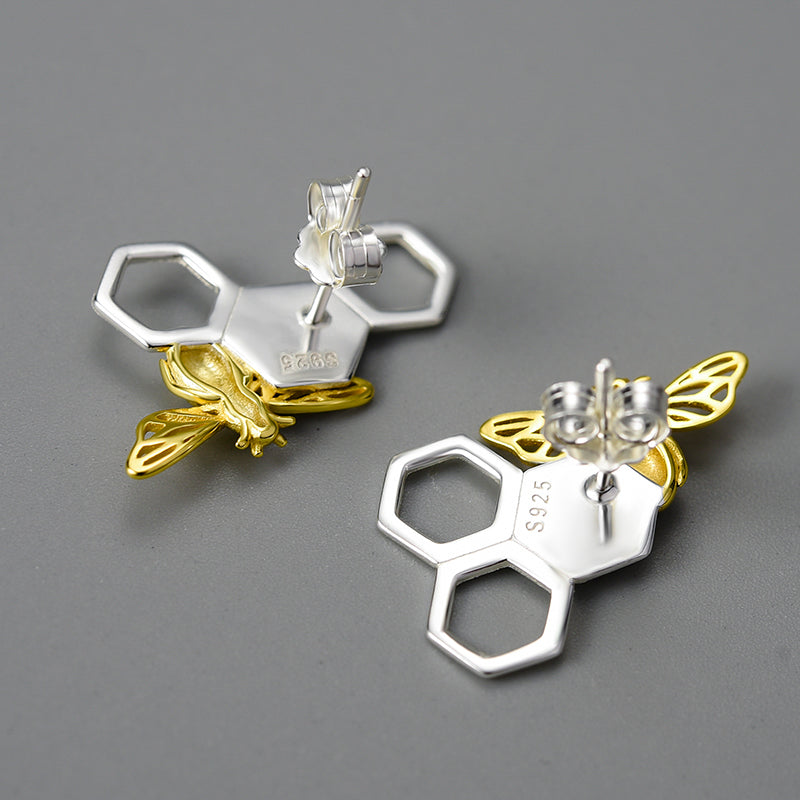 Unusual Asymmetrical Honeycomb and Bee Stud Earrings