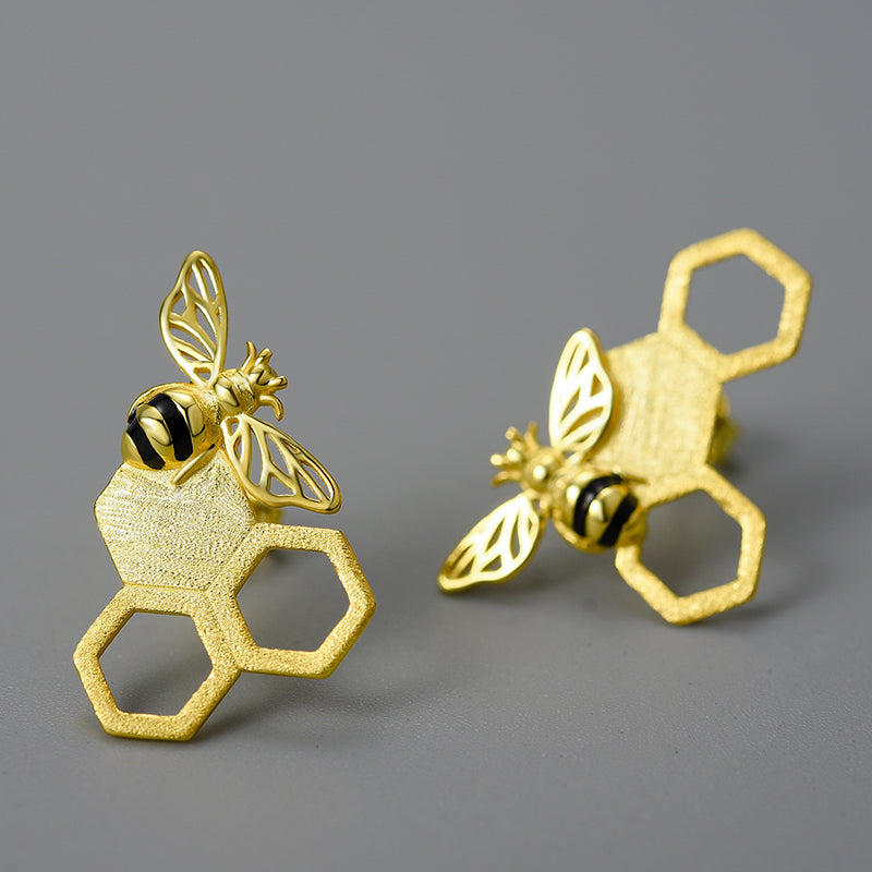 Unusual Asymmetrical Honeycomb and Bee Stud Earrings