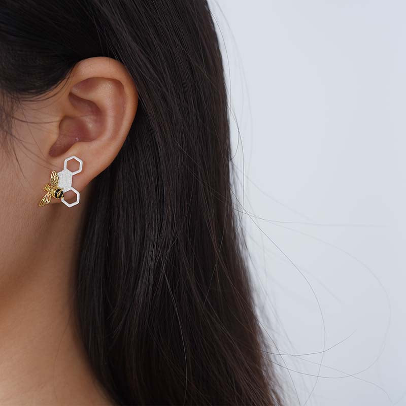 Unusual Asymmetrical Honeycomb and Bee Stud Earrings