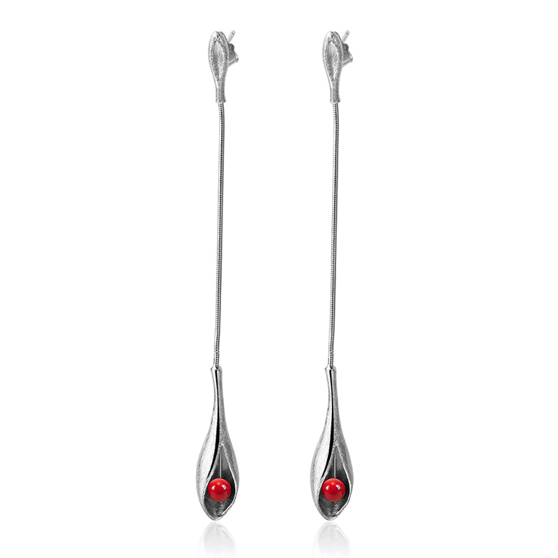 Red Coral Drop Flower Long Dangle Earrings