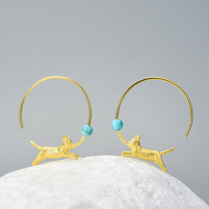 Sterling Silver Playful Running Cat with Balloon Hoop Earrings