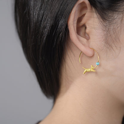 Sterling Silver Playful Running Cat with Balloon Hoop Earrings