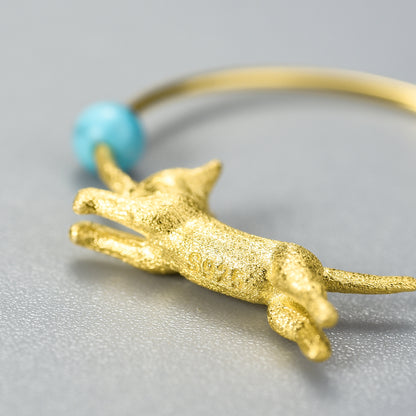 Sterling Silver Playful Running Cat with Balloon Hoop Earrings