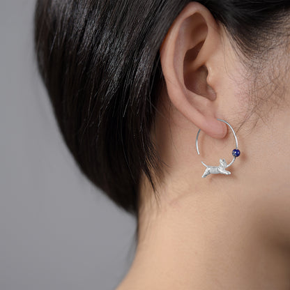Sterling Silver Playful Running Cat with Balloon Hoop Earrings