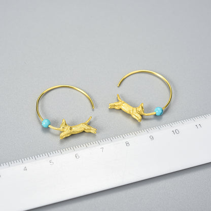 Sterling Silver Playful Running Cat with Balloon Hoop Earrings