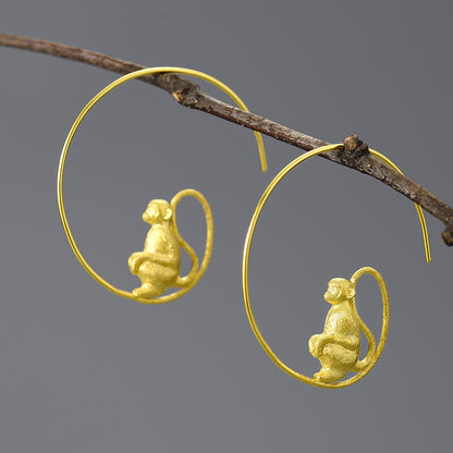 Sterling Silver Long-Tailed Monkey Round Hoop Earrings