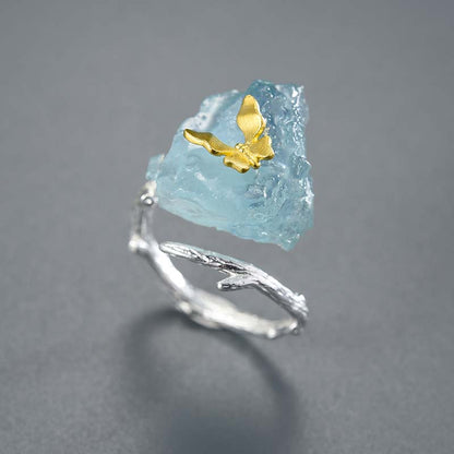 Sterling Silver Natural Rough Aquamarine Stone Butterfly Adjustable Ring