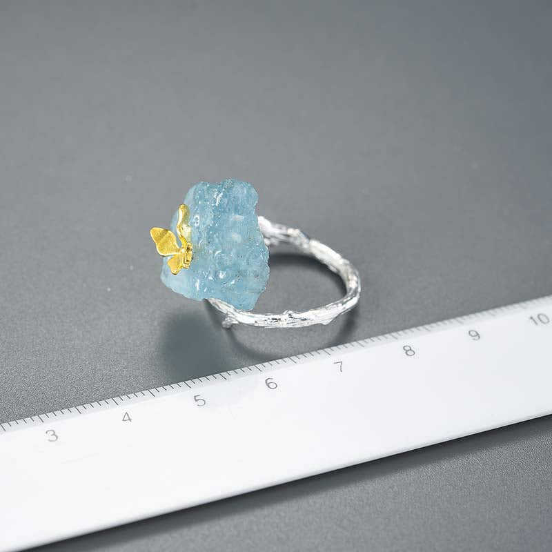 Natural Rough Aquamarine Stone Butterfly Adjustable Ring