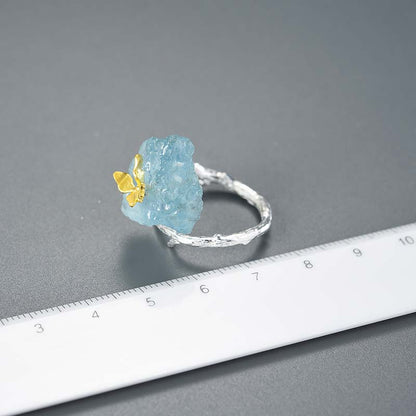 Sterling Silver Natural Rough Aquamarine Stone Butterfly Adjustable Ring