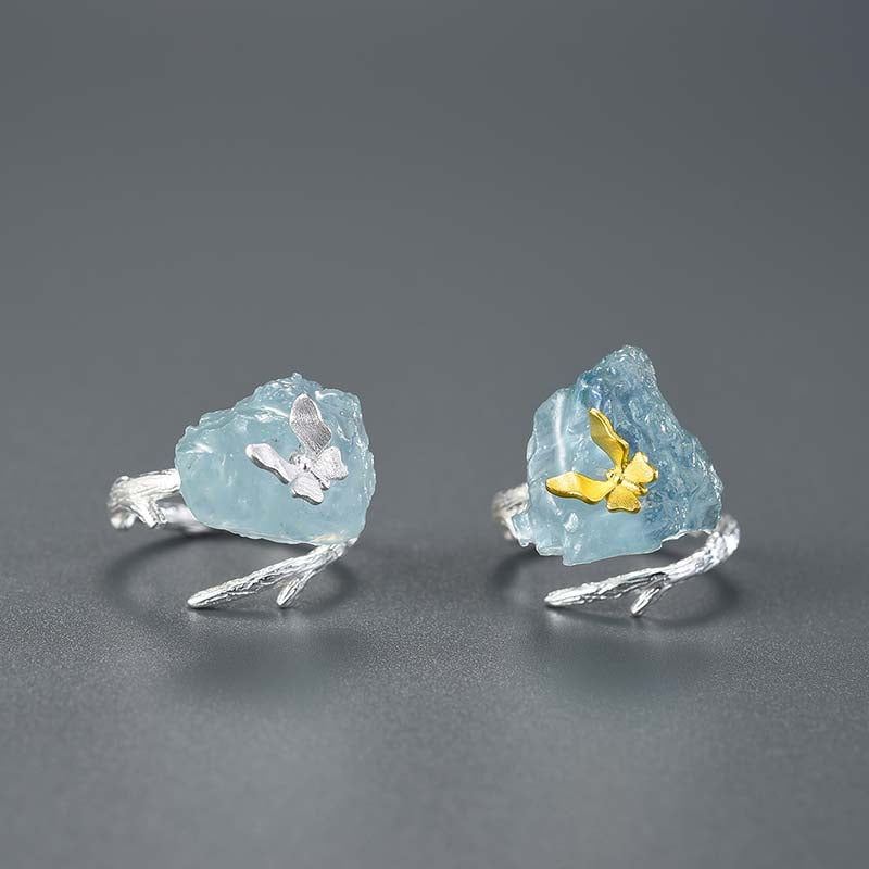 Natural Rough Aquamarine Stone Butterfly Adjustable Ring