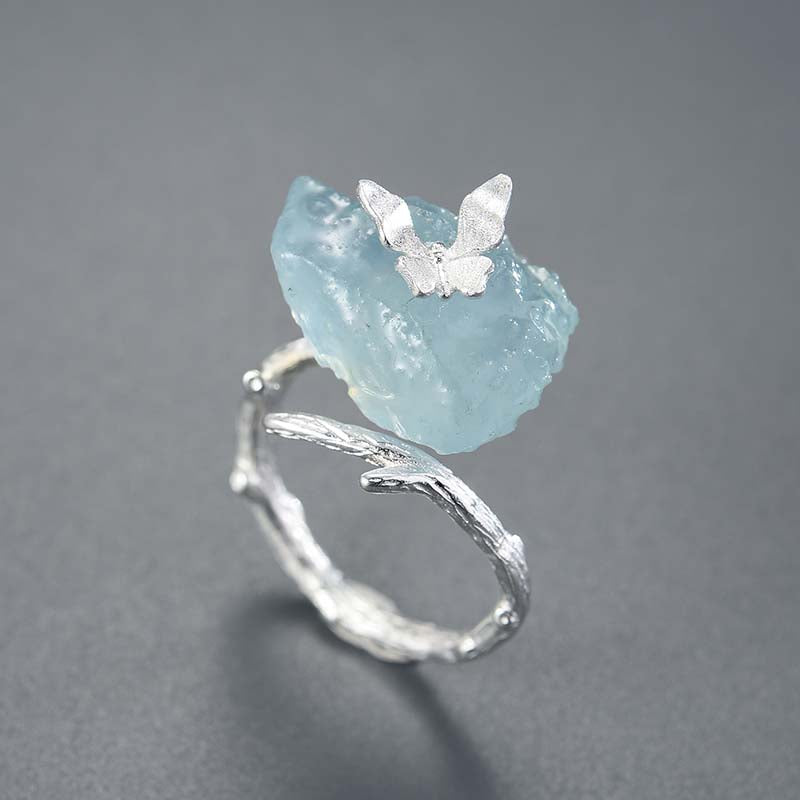 Natural Rough Aquamarine Stone Butterfly Adjustable Ring