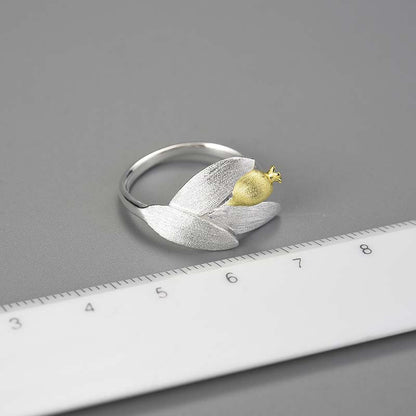 Sterling Silver Pomegranate Fruits Leaves Branch Adjustable Ring