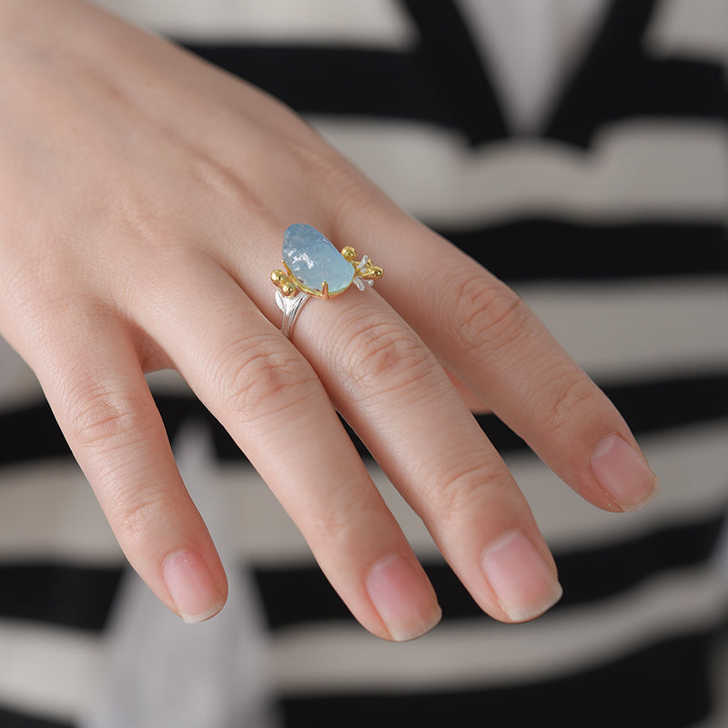 Natural Rough Aquamarine Flower Adjustable Ring