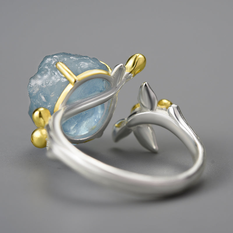 Natural Rough Aquamarine Flower Adjustable Ring