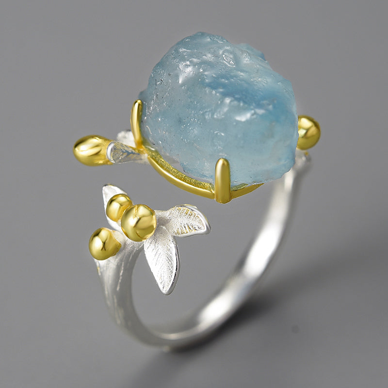 Natural Rough Aquamarine Flower Adjustable Ring