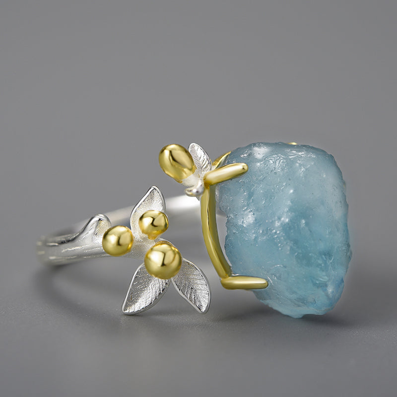 Natural Rough Aquamarine Flower Adjustable Ring