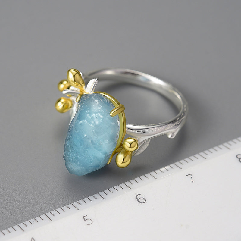 Natural Rough Aquamarine Flower Adjustable Ring