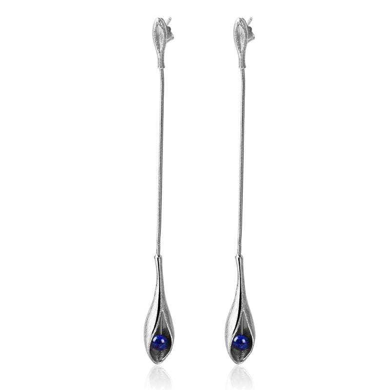 Lapis Lazuli Drop Flower Long Dangle Earrings