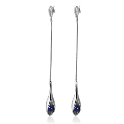 Sterling Silver Lapis Lazuli Drop Flower Long Dangle Earrings