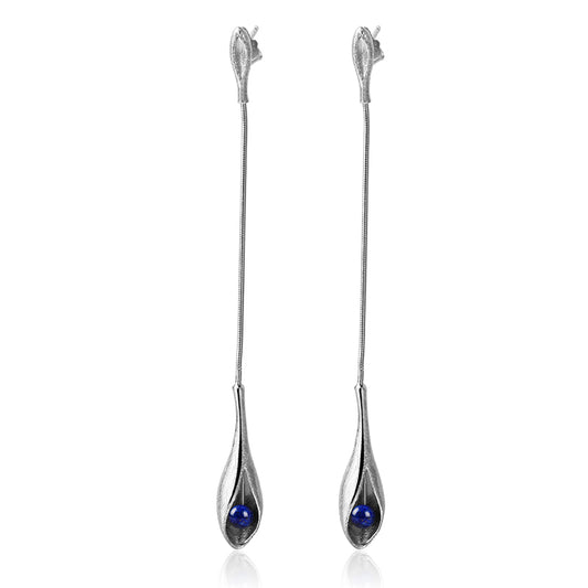 Lapis Lazuli Drop Flower Long Dangle Earrings