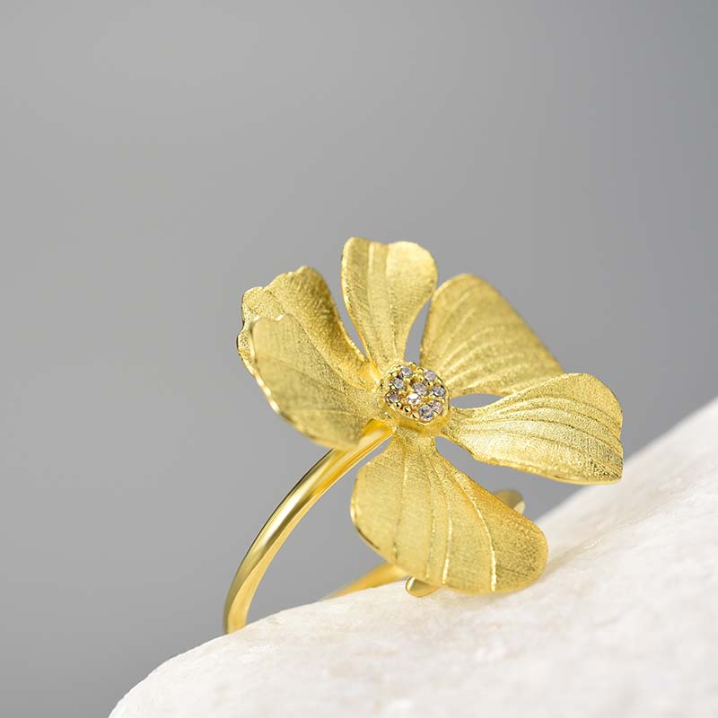 Sterling Silver Large Peony Flower Adjustable Ring