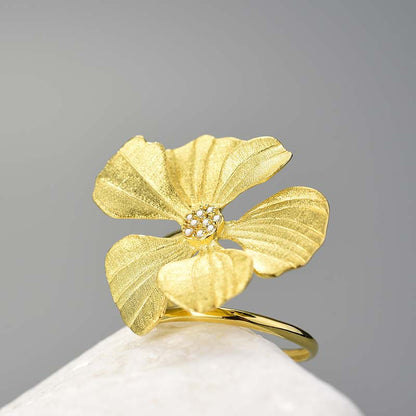 Sterling Silver Large Peony Flower Adjustable Ring