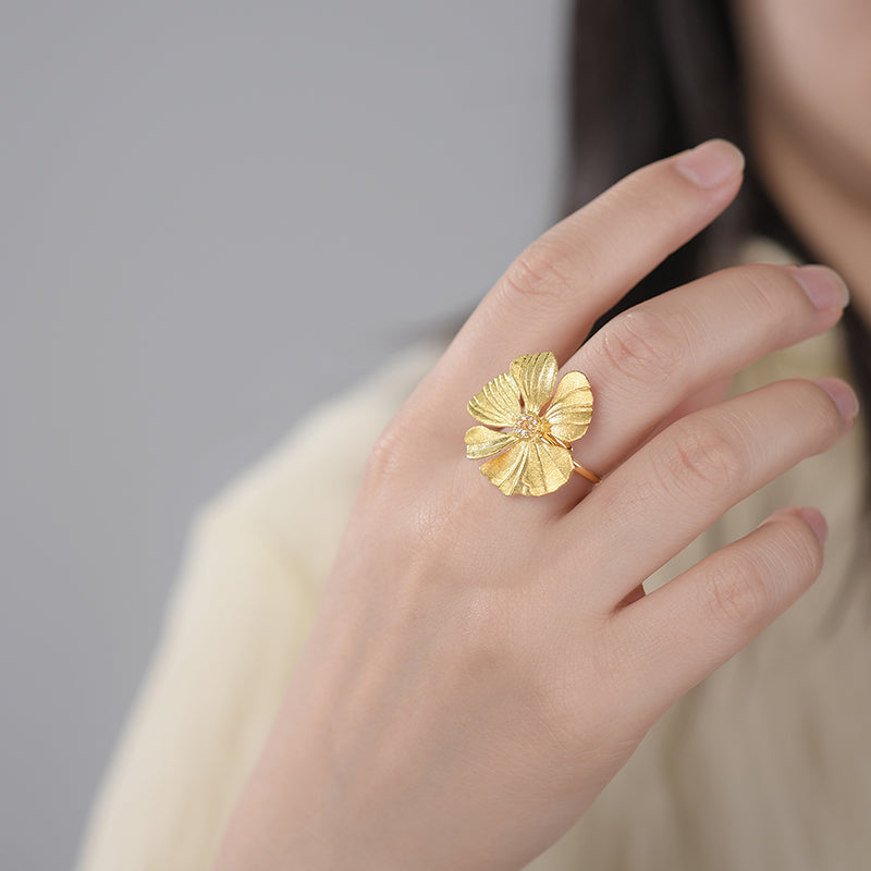 Sterling Silver Large Peony Flower Adjustable Ring