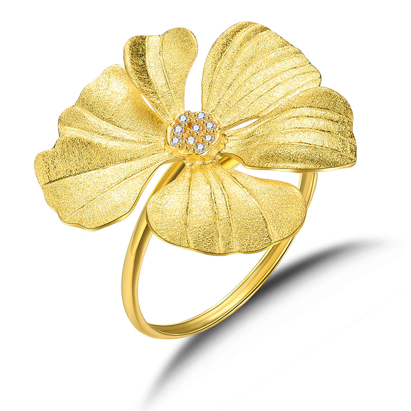 Sterling Silver Large Peony Flower Adjustable Ring