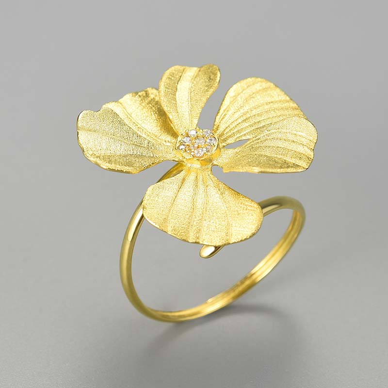 Sterling Silver Large Peony Flower Adjustable Ring