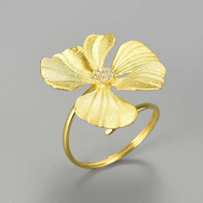 Sterling Silver Large Peony Flower Adjustable Ring