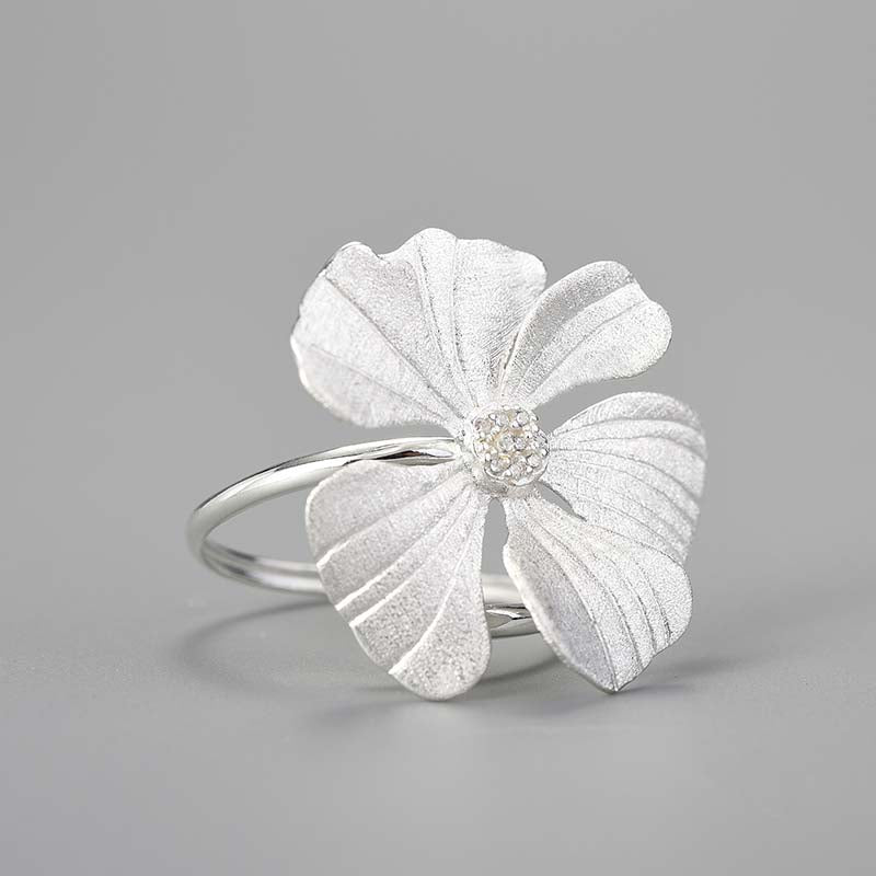 Sterling Silver Large Peony Flower Adjustable Ring